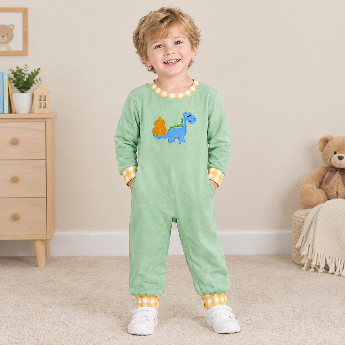 NEW RTS NO MOQ milk silk LR3168 Embroidery Pumpkins Dinosaur Baby Boys Fall Long Sleeve Pant Rompers