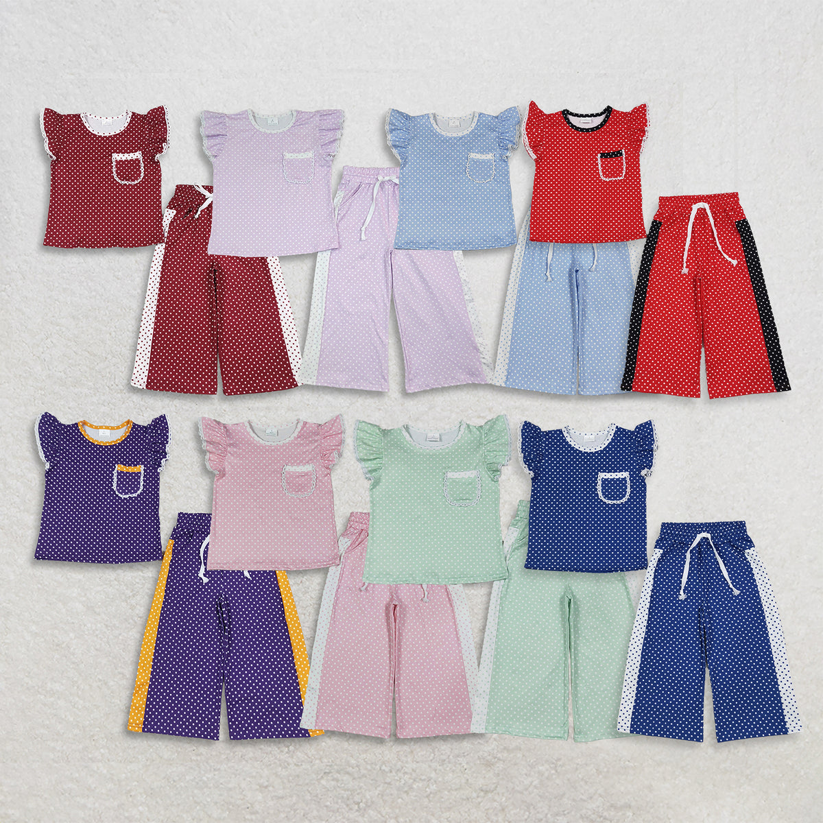 RTS NO MOQ Sibling milk silk Baby Girls Polka Dot Flutter Sleeve Top and Side Stripe Wide Leg Pants Set（副本）