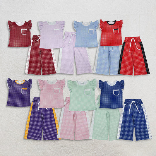 RTS NO MOQ Sibling milk silk Baby Girls Polka Dot Flutter Sleeve Top and Side Stripe Wide Leg Pants Set（副本）