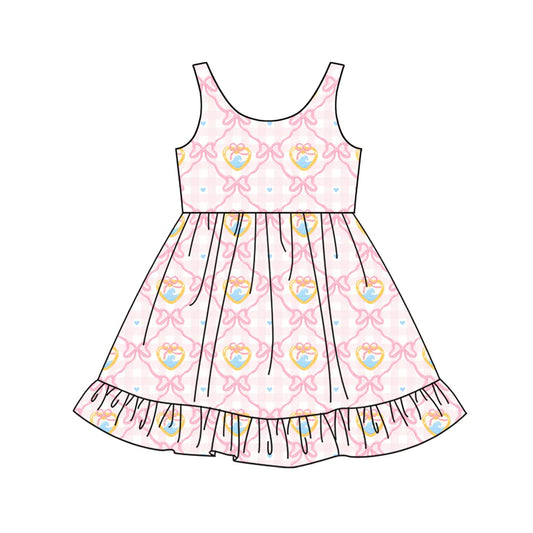 X12.15 Preorder (moq 5)Baby Girls Pink Hearts Bows Checked Valentines Ruffle Knee Length Dresses