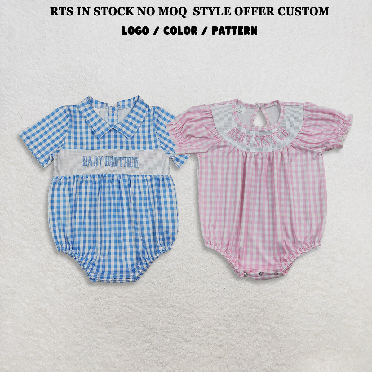 RTS NO MOQ Sibling milk silk Smocked Baby Short Sleeve Checked Ruffle Rompers