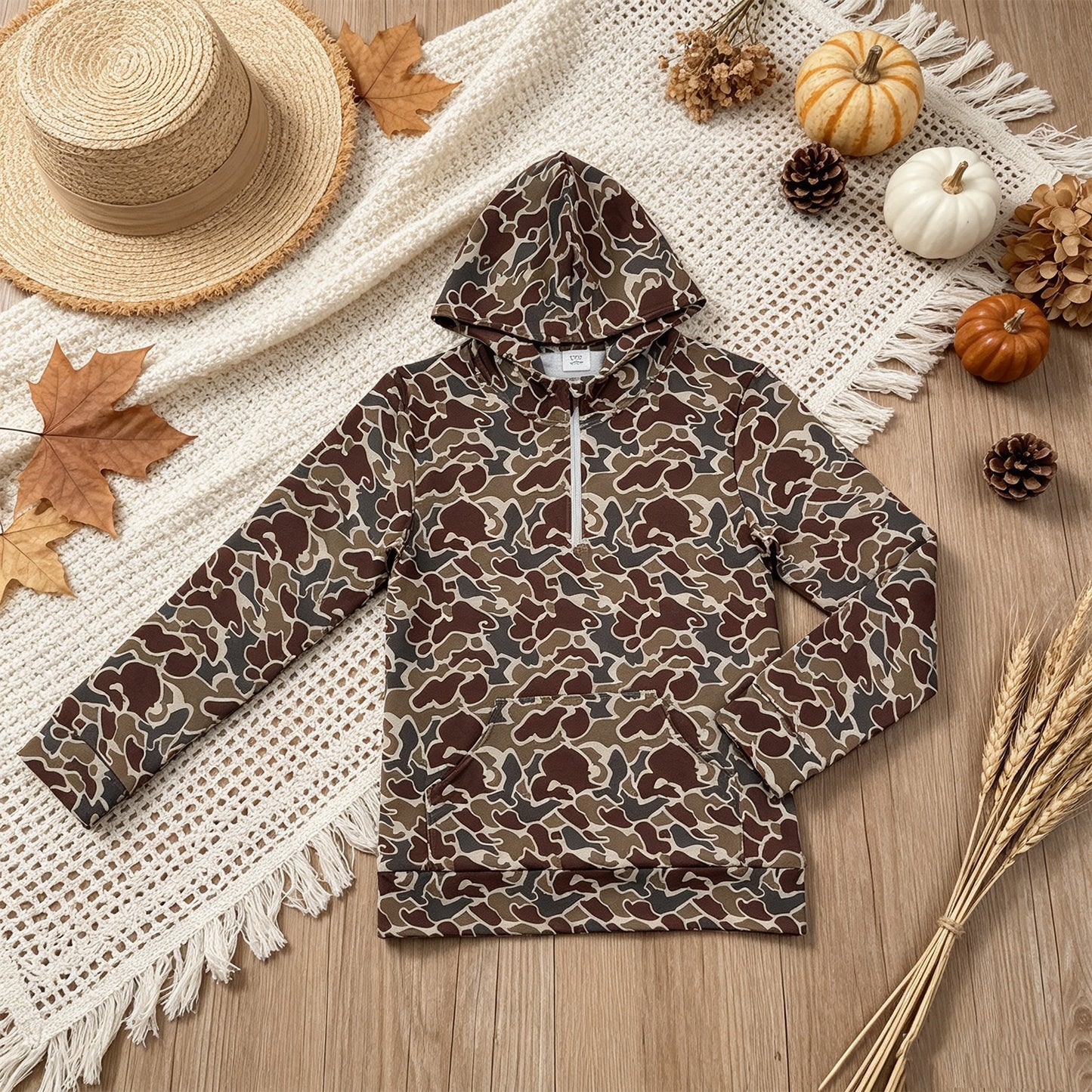 NEW RTS NO MOQ milk silk BT1872 Adult Men Brown Camouflage Print Zip Hoodie Front Pocket Long Sleeve Casual Top