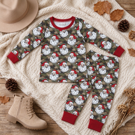 NEW RTS NO MOQ milk silk BLP1600 Baby Boys Green Camo Santa Top Pant Christmas Pajamas Sets