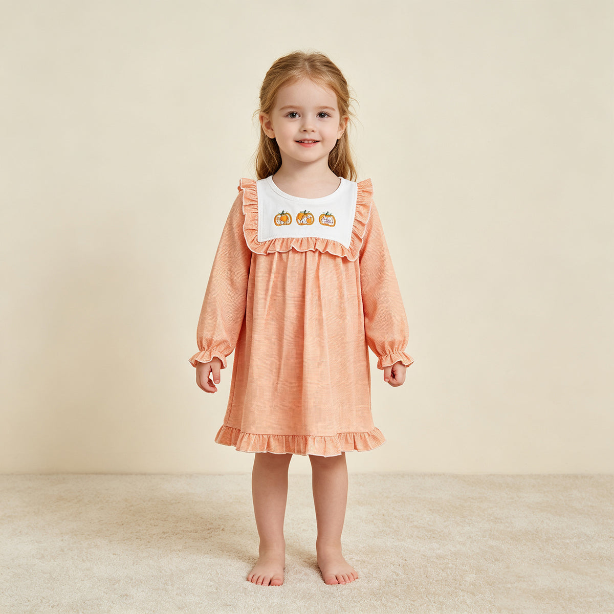 NEW RTS NO MOQ milk silk GLD1645 Embroidery Pumpkins Baby Girls Fall Ruffle Knee Length Dresses