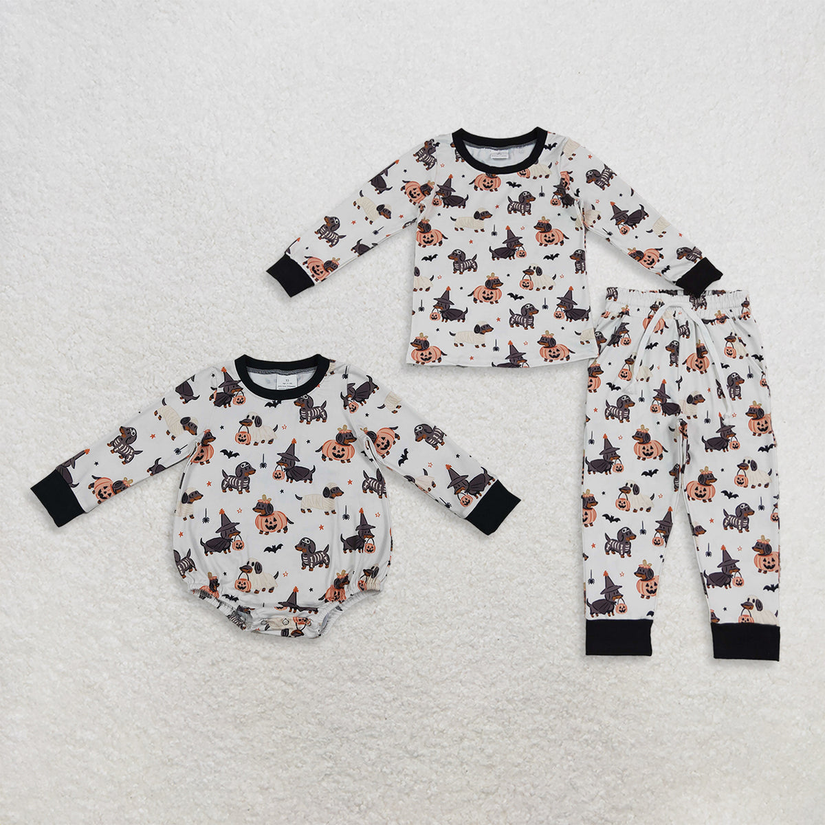 RTS NO MOQ Sibling milk silk Baby Boys Dog Pumpkin Print Long Sleeve Romper And Pajama Set Kids Fall Outfit