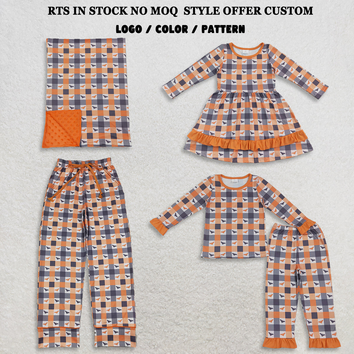 RTS NO MOQ Sibling milk silk Khaki Checked Bats Halloweens Pants Bottom Blankets Dress Sets