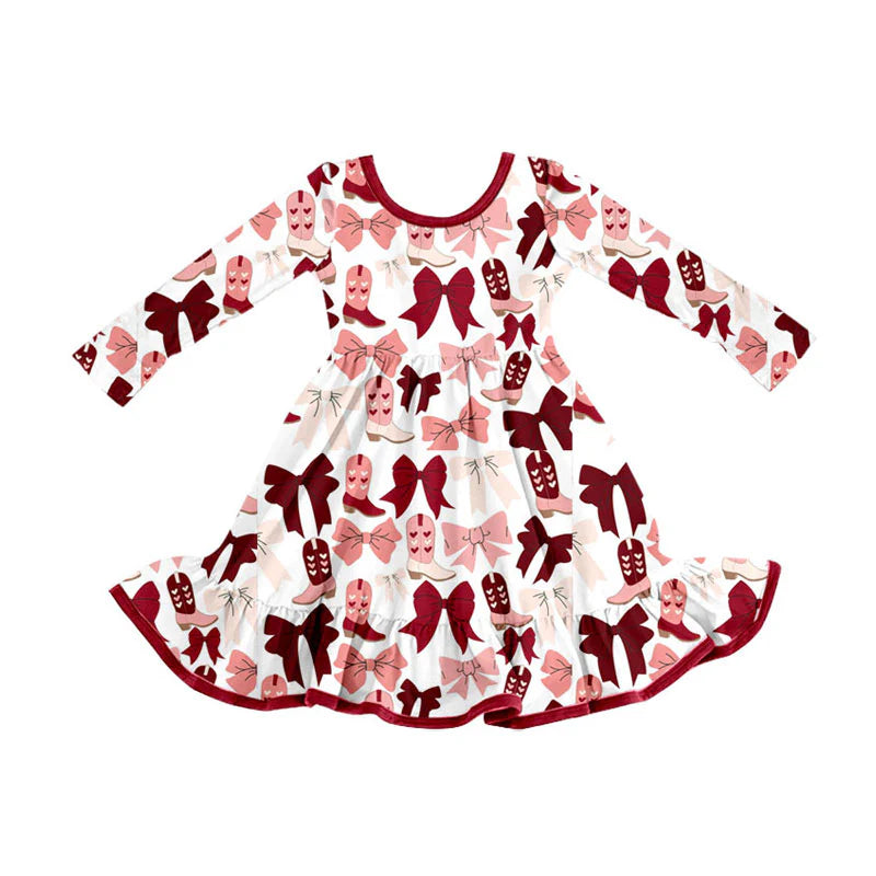 X909Preorder (moq 5)Baby Girls Red Pink Bows Boots Valentine Ruffle Knee Length Dresses