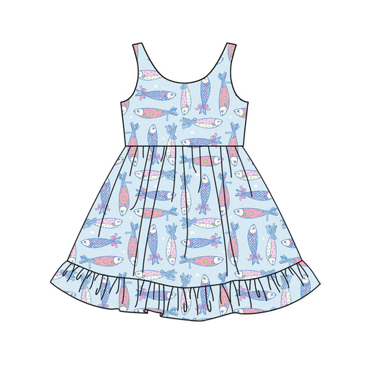 X12.15 Preorder (moq 5)Baby Girls Bows Flowers Fishes Ruffle Knee Length Dresses