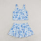 GSD0995 Blue floral white sleeveless culottes suit