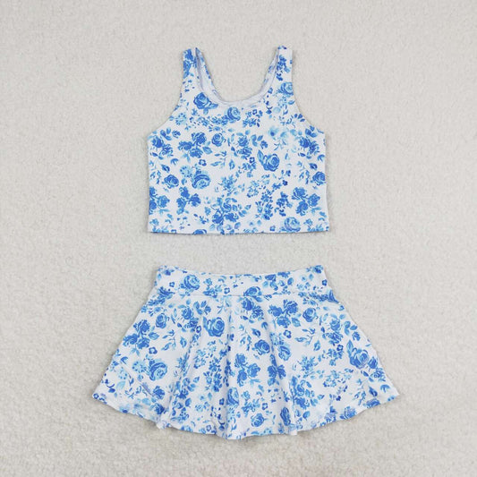 GSD0995 Blue floral white sleeveless culottes suit