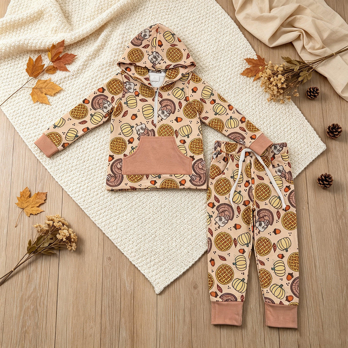 NEW RTS NO MOQ milk silk BLP1504 Baby Boys Pumpkins Turkey Zip Pickets Hoodie Joggers Thanksgivings Clothes Set