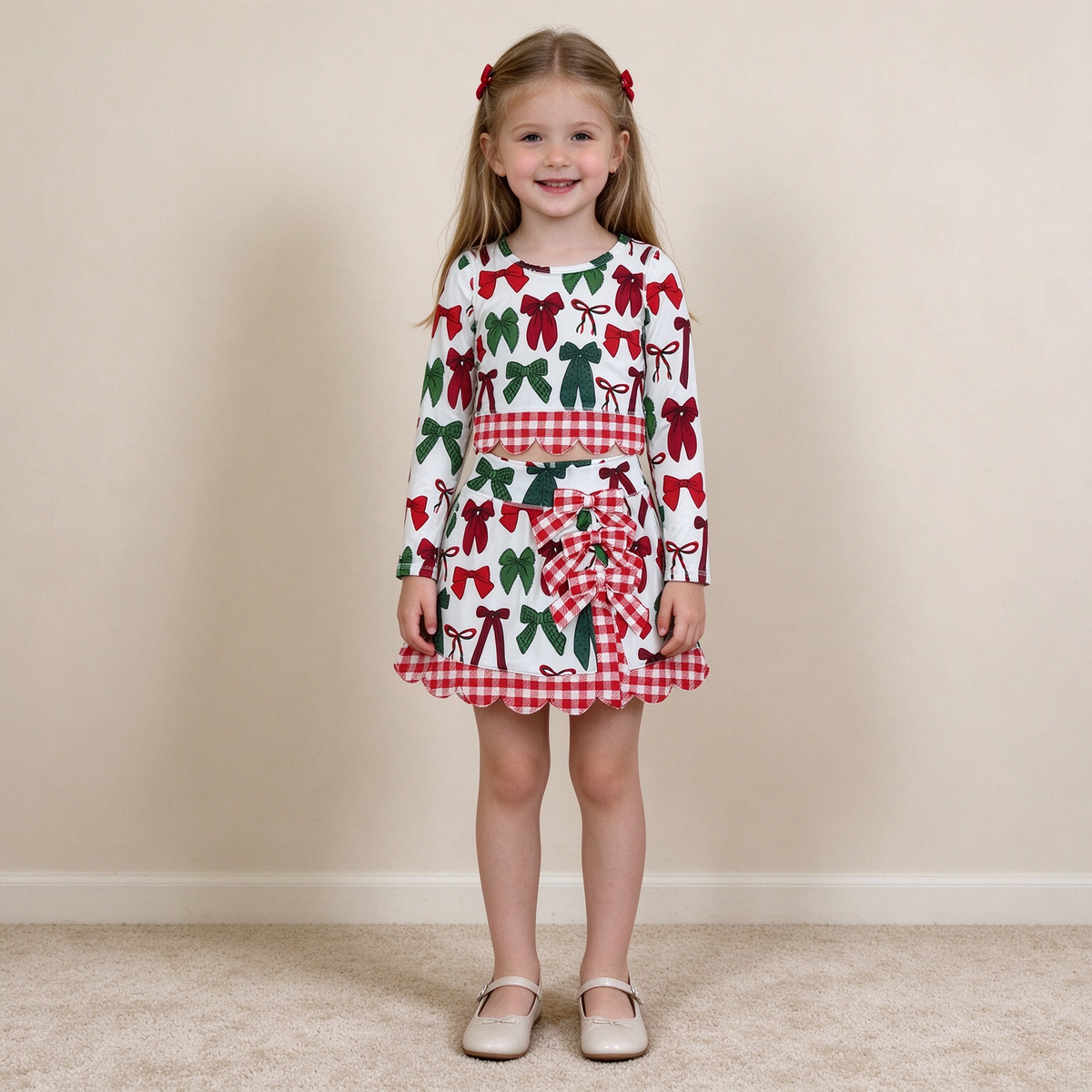 NEW RTS NO MOQ Yoga GLD1677 Baby Girls Green Red Bows Top Bows Skirt Short Christmas Yoga Active Scallop Clothes Set