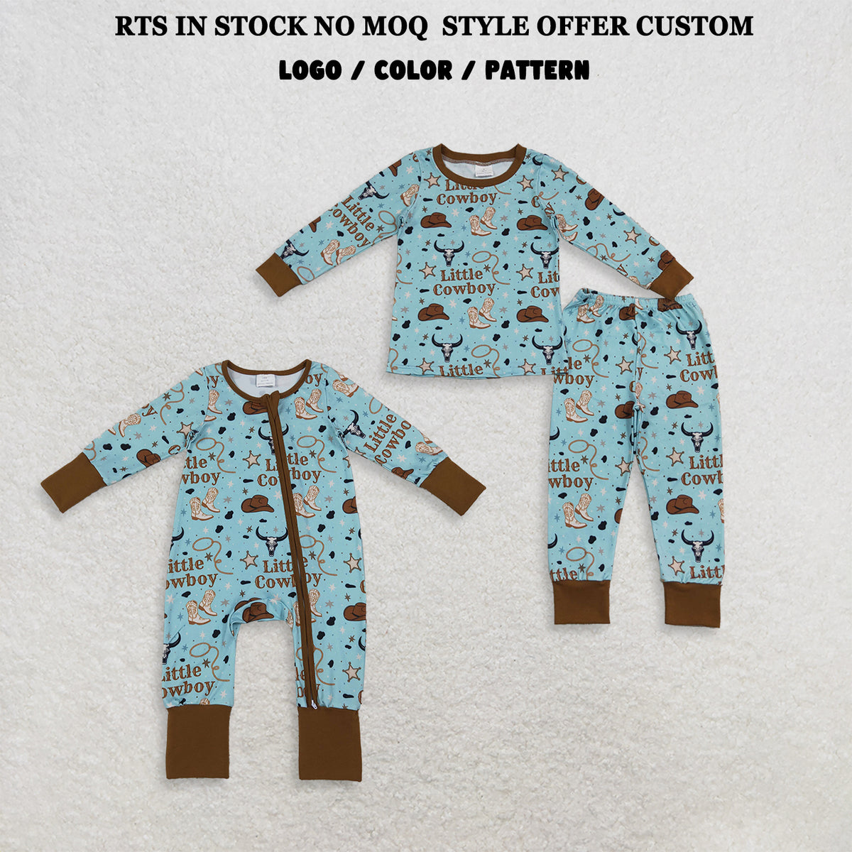 RTS NO MOQ Sibling milk silk Baby Boys Little Cowboys Boots Hats Top Pant Western Pajamas Set Zip Rompers