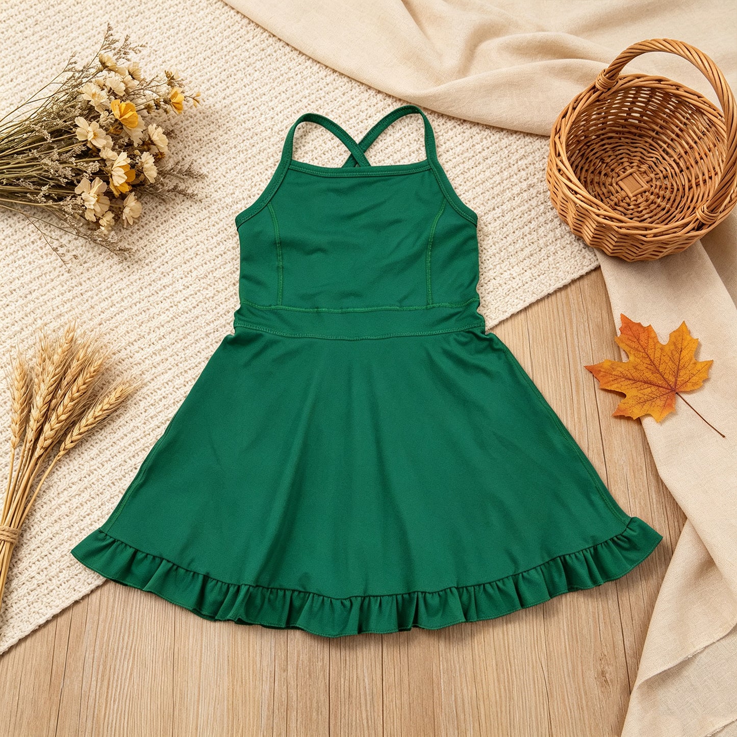 NEW RTS NO MOQ yoga fabric cotton S0782 Baby Girls Green Knit Knee Length Active Wear Dresses Casual Wear