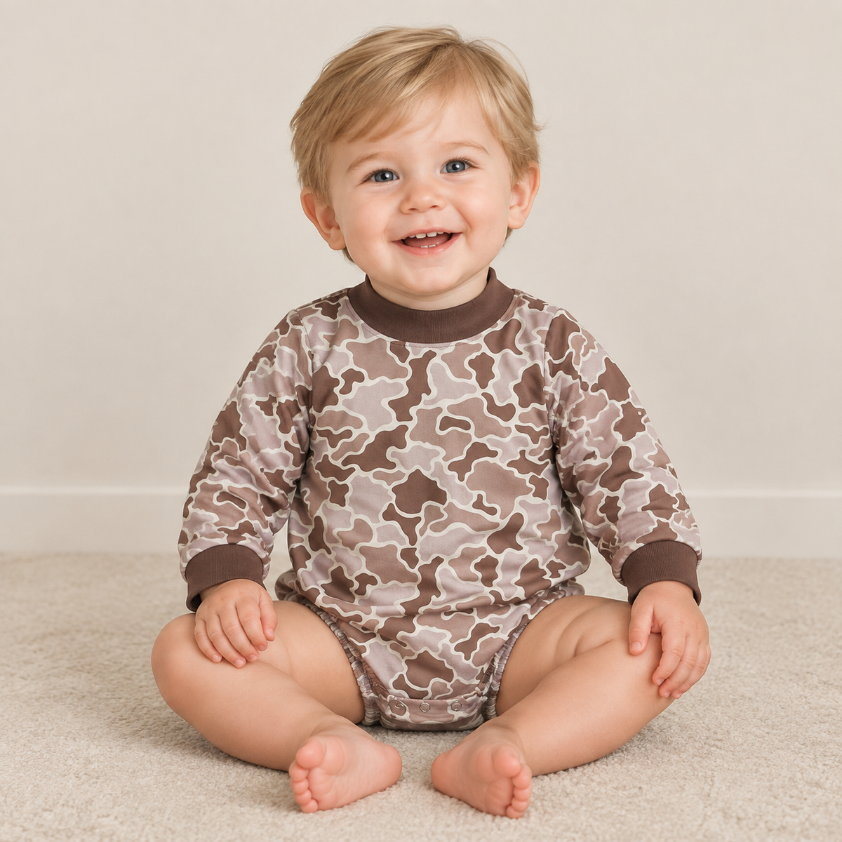 NEW RTS NO MOQ milk silk LR3263 Baby Boys Long Sleeve Khaki Brown Camo Choker Rompers