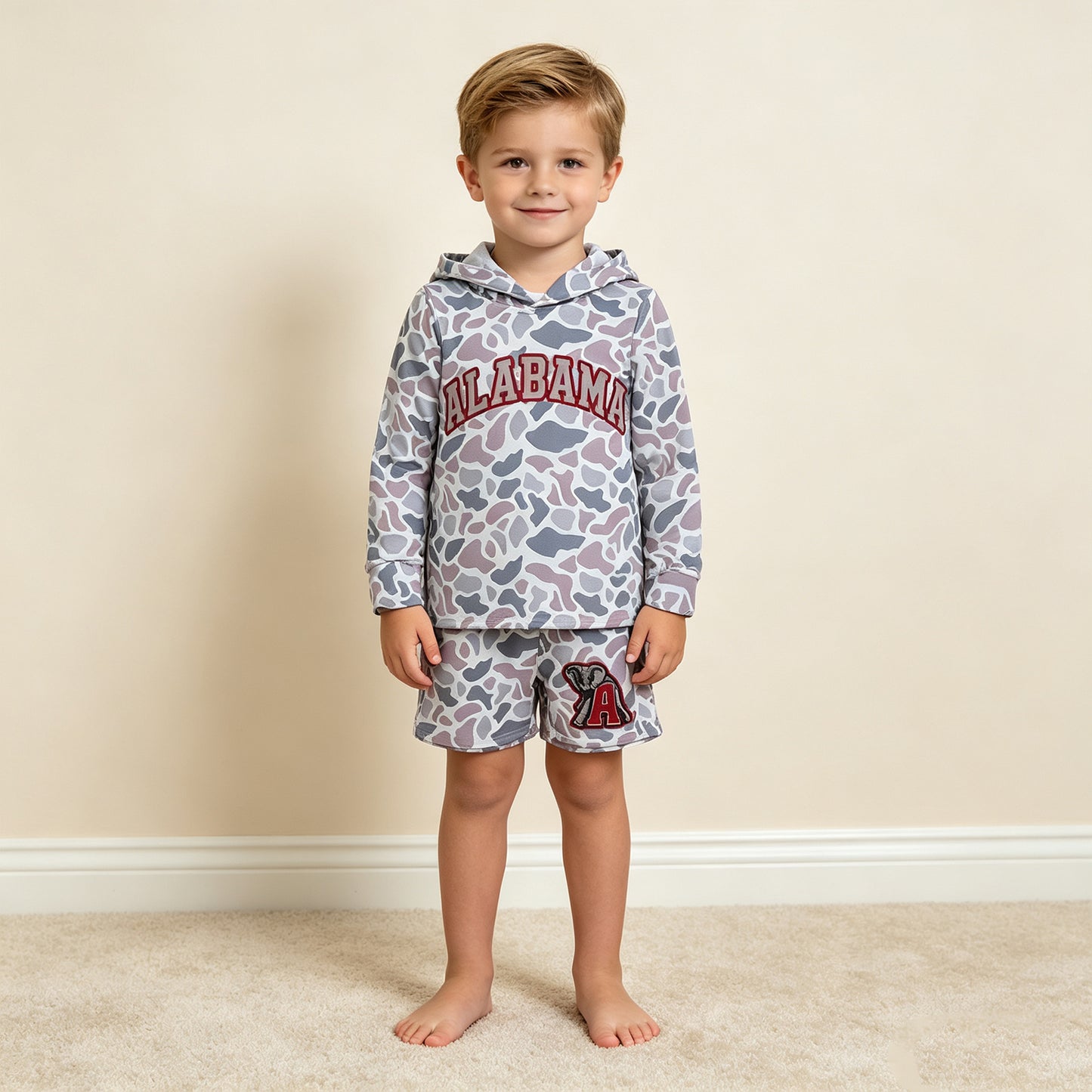NEW RTS NO MOQ milk silk BLS0044 Baby Boys Light Grey Camo Alabama Long Sleeve Hoodie Pockets Short Team Clothes Set