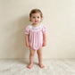 NEW RTS NO MOQ milk silk SR4230 Smocked Baby Sister Short Sleeve Pink Checked Ruffle Rompers
