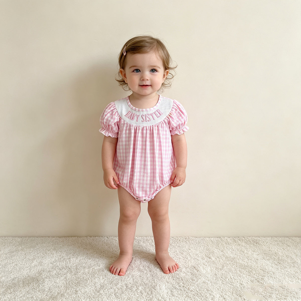 NEW RTS NO MOQ milk silk SR4230 Smocked Baby Sister Short Sleeve Pink Checked Ruffle Rompers