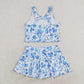 GSD0995 Blue floral white sleeveless culottes suit