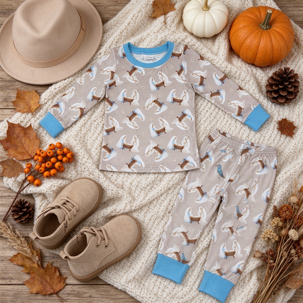 NEW RTS NO MOQ milk silk BLP1535 Baby Boys Long Sleeve Nativity Top Pant Pajamas Sets