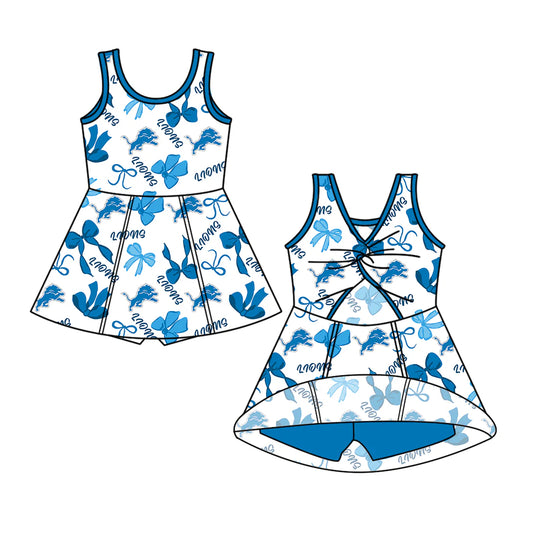6.30Preorder (moq 5)Baby Girls Sleeveless Blue Bows Plaid Lions Shorts Team Knee Length Dresses