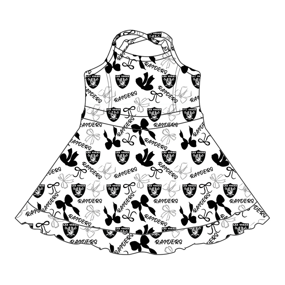 6.30Preorder (moq 5)Baby Girls Strap Black Bows Plaid Raiders Short Ruffle Team Knee Length Dresses