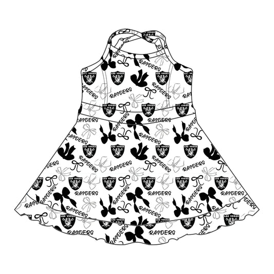 6.30Preorder (moq 5)Baby Girls Strap Black Bows Plaid Raiders Short Ruffle Team Knee Length Dresses