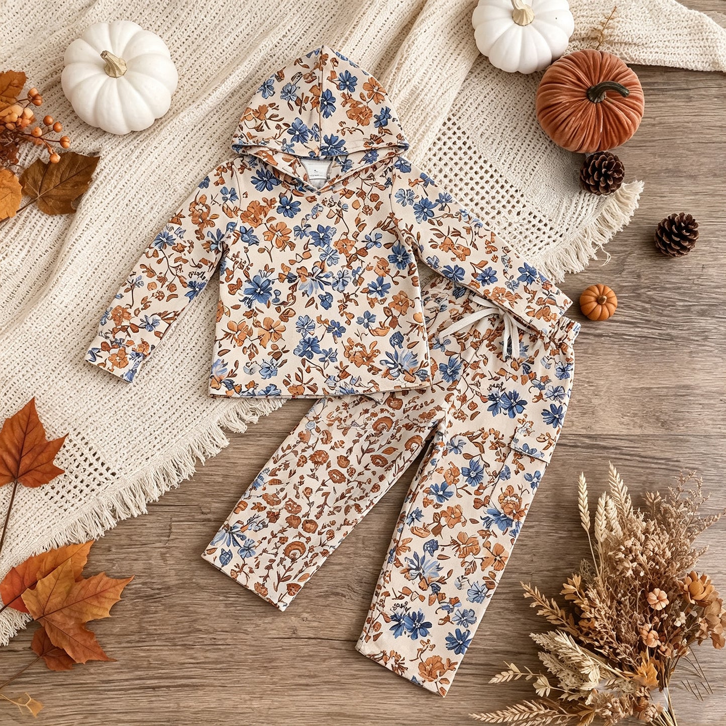 NEW RTS NO MOQ milk silk GLP3323 Toddler Girls Colorful Floral Print Zip Hoodie With Pockets Straight Leg Pants Casual Outfit