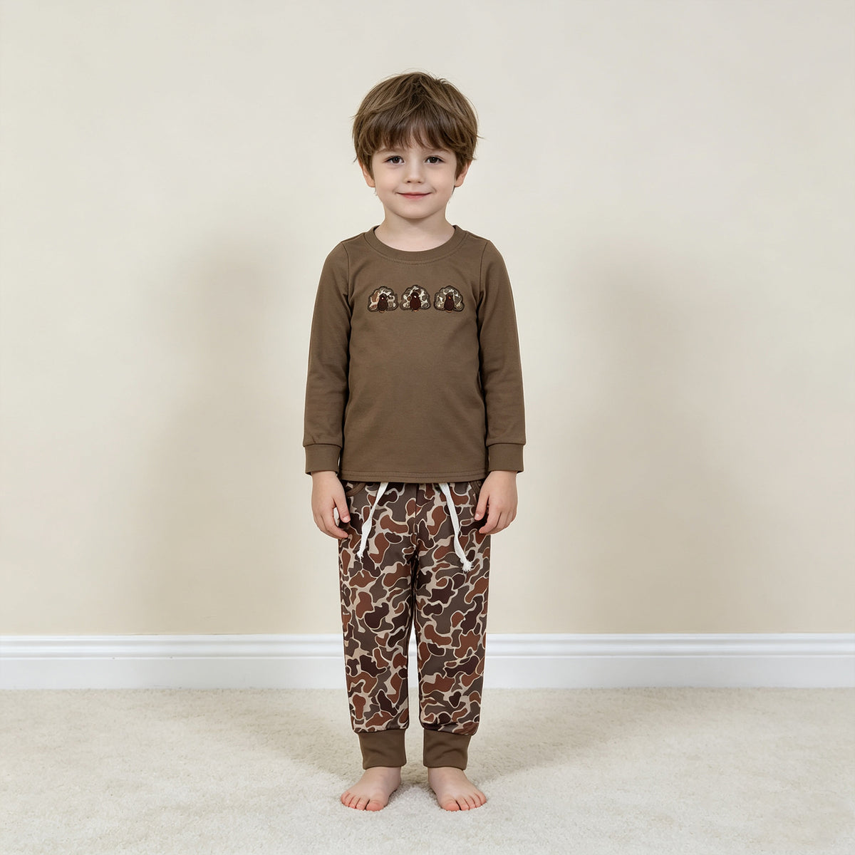 NEW RTS NO MOQ milk silk BLP1473 Embroidery Camo Turkey Baby Boys Pockets Jogger Thanksgiving Clothes Sets