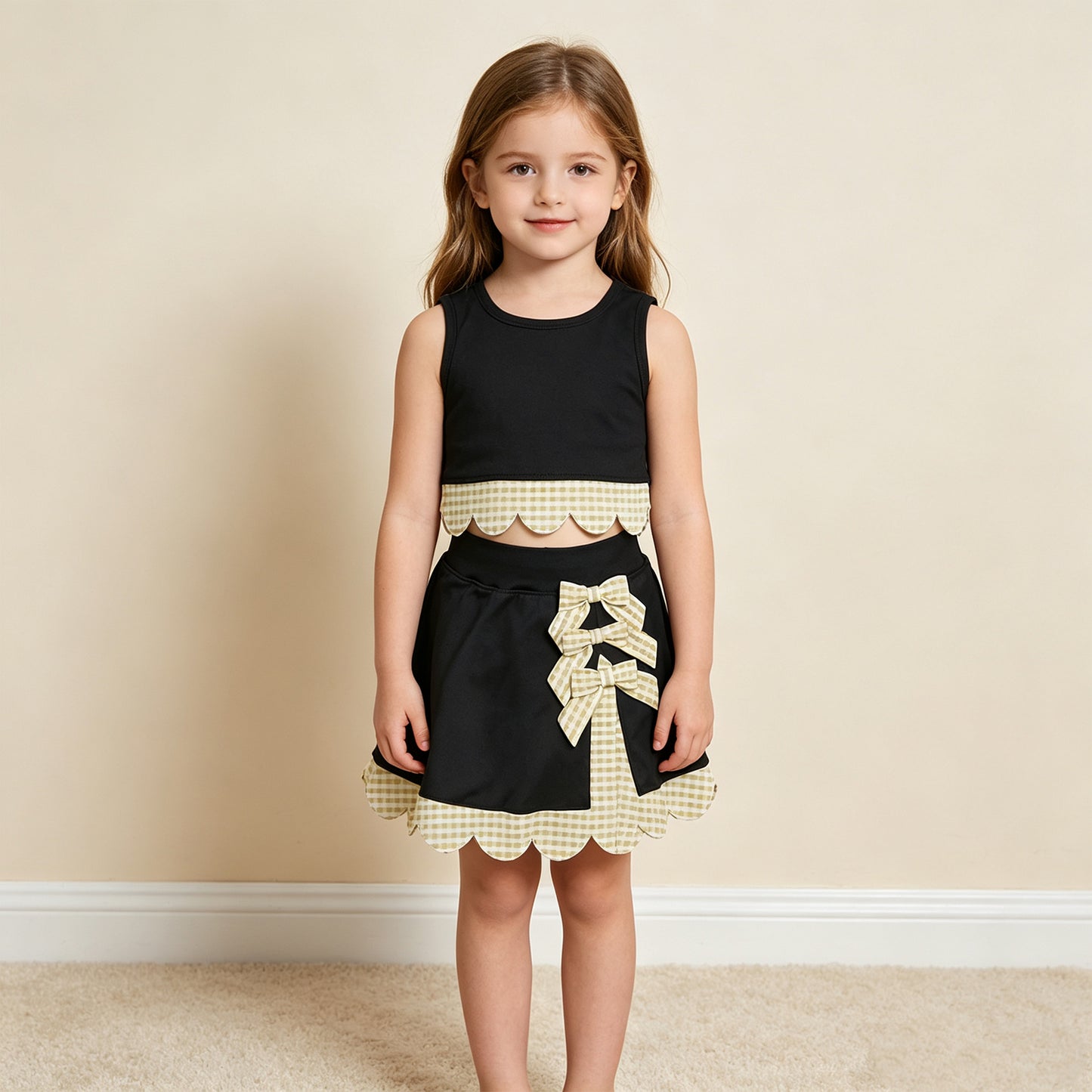 NEW RTS NO MOQ yoga fabric GSD4175 Yoga Baby Girls Summer Sleeveless Vest Scallop Skirt Yoga Active Set