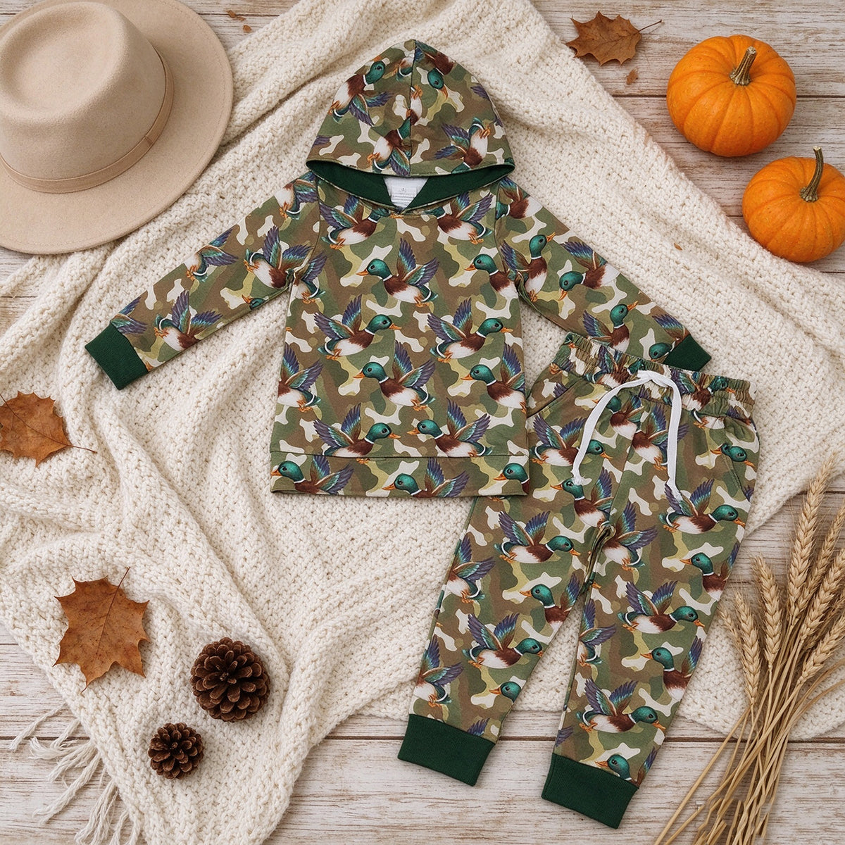NEW RTS NO MOQ milk silk BLP1543 Baby Boys Green Camo Ducks Hoodie Pockets Jogger Hunting Clothes Set
