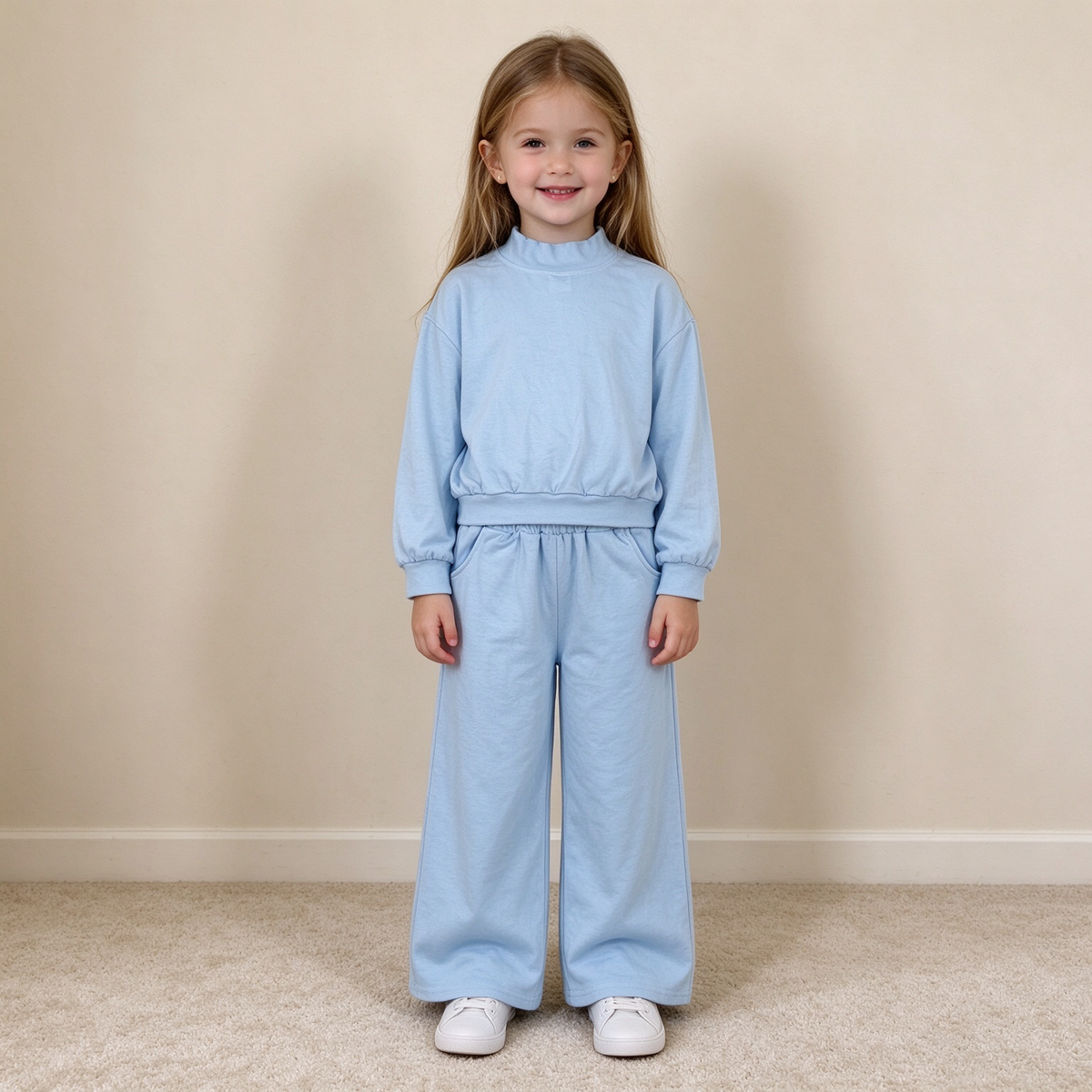 NEW RTS NO MOQ milk silk GLP3472 Baby Girls Light Blue Choker Shirt Top Pockets Flare Pant Clothes Set