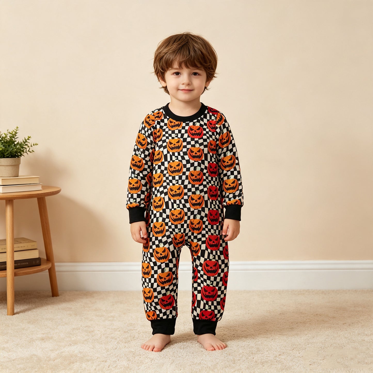 NEW RTS NO MOQ milk silk LR1389 Baby Boys Ghost Pumpkins Black Checkered Halloween Pant Rompers