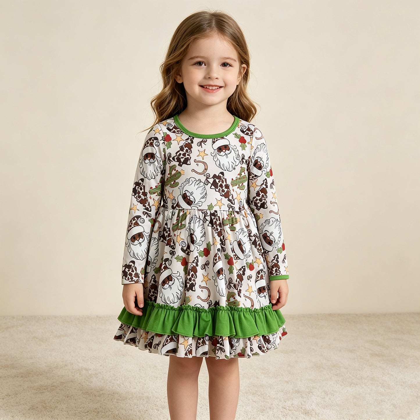 NEW RTS NO MOQ milk silk GLD1213 Baby Girls Christmas Western Long Sleeves Santa Cactus Ruffle Knee Length Dresses