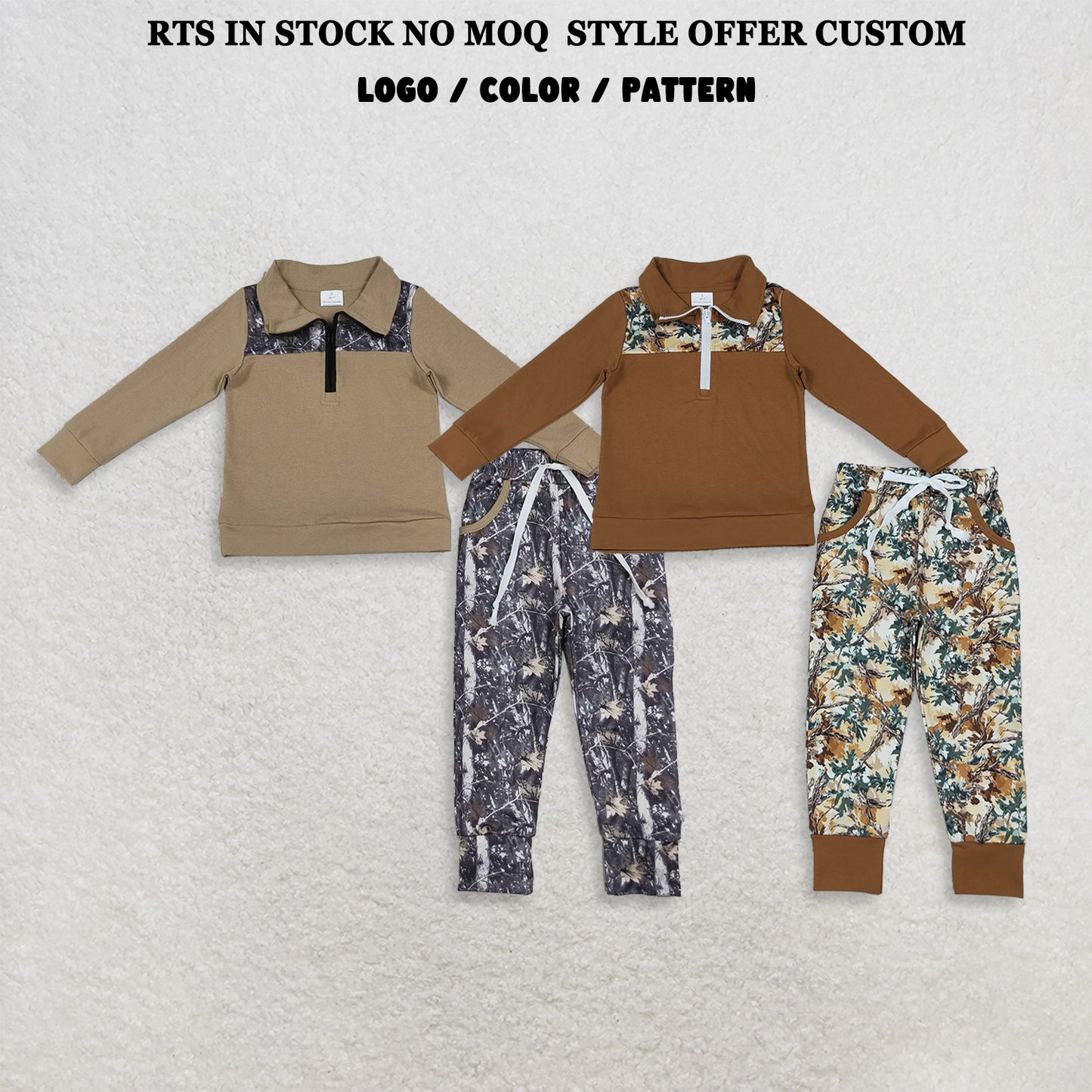 RTS NO MOQ Sibling milk silk Baby Boys Zip Pullover Leaves Pockets Jogger Clothes Set