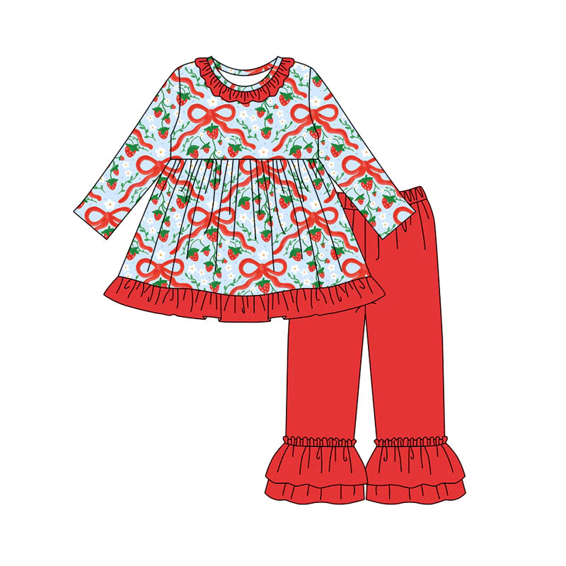 8.4Preorder (moq 5)Baby Girls Red Bows Strawberry Plaid Tunic Ruffle Pants Set