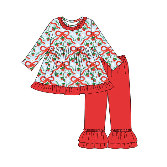8.4Preorder (moq 5)Baby Girls Red Bows Strawberry Plaid Tunic Ruffle Pants Set