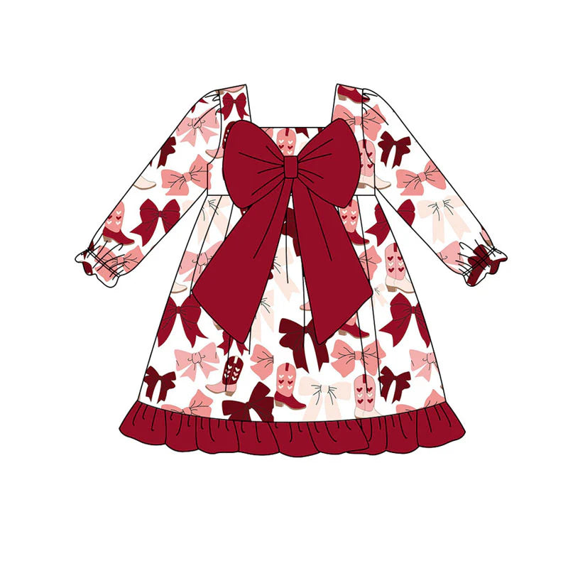 X922 Preorder (moq 5)Baby Girls Long Ruffle Sleeve Pink Red Heart Boots Bows Knee Length Dresses