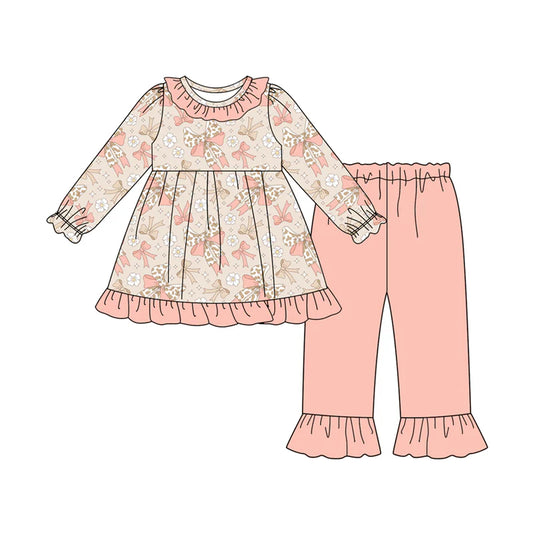 8.2Preorder (moq 5)Baby Girls Peach Camo Bows Flowers Plaid Tunic Ruffle Pant Set