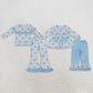 RTS NO MOQ Sibling milk silk Baby Girls Blue White Stripe Santa Print Ruffle Long Sleeve Top And Bell Bottom Pants Christmas Outfit
