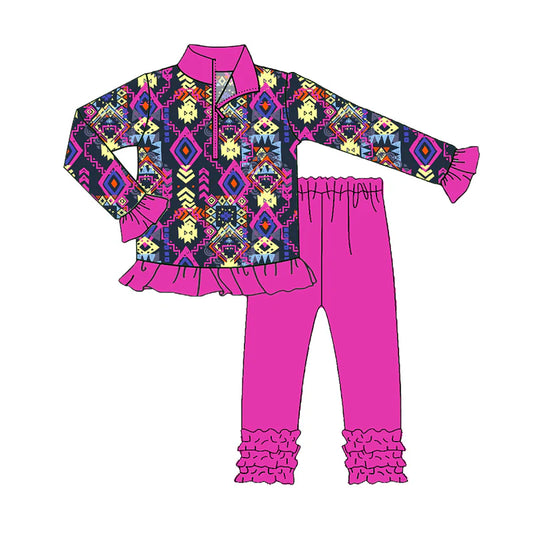 8.11Preorder(moq 5) Baby Girls Aztec Western Zip Pullover Top Legging Boutique Outfits Sets