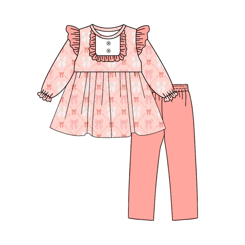 8.13Baby Girls Coral Pink Bows Bib Tunic Top Legging Boutique Outfits Sets