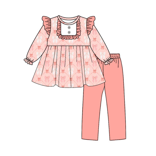 8.13Baby Girls Coral Pink Bows Bib Tunic Top Legging Boutique Outfits Sets