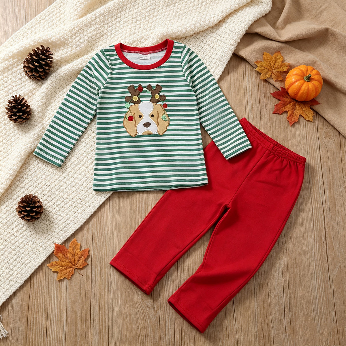 NEW RTS NO MOQ milk silk BLP1502 Embroidery Lights Dogs Baby Boys Green Stripe Top Pants Christmas Clothes Sets