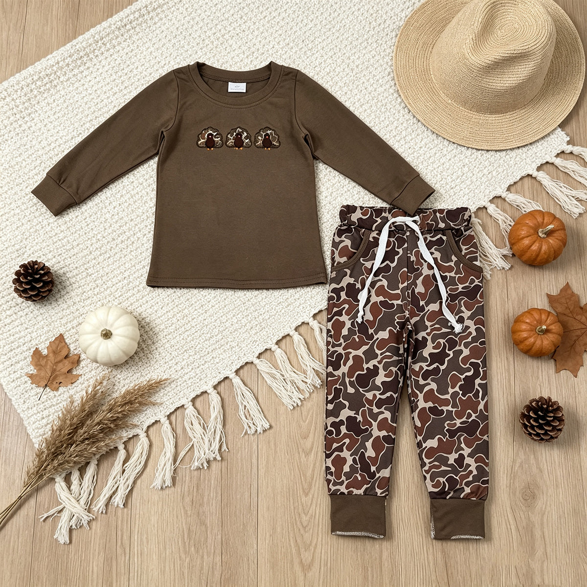 NEW RTS NO MOQ milk silk BLP1473 Embroidery Camo Turkey Baby Boys Pockets Jogger Thanksgiving Clothes Sets