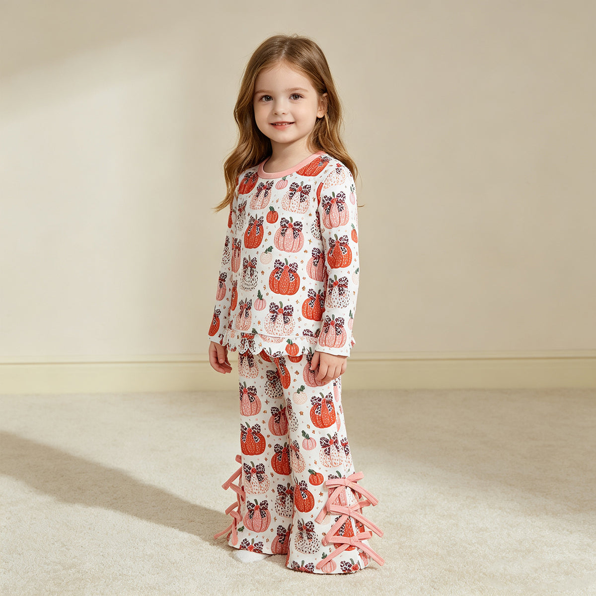 NEW RTS NO MOQ milk silk GLP3435 Baby Girls Leopard Bows Pumpkins Scallop Top Bows Pants Fall Clothes Set