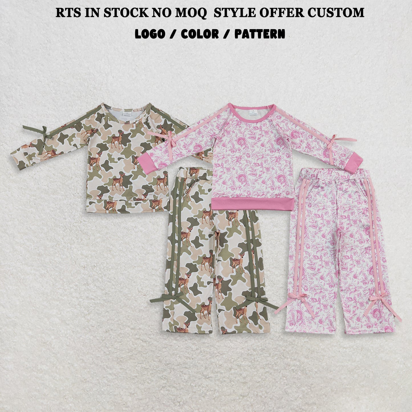 RTS NO MOQ Sibling milk silk Baby Girls Bows Long Sleeve Top Pockets Flare Pant Clothes Sets