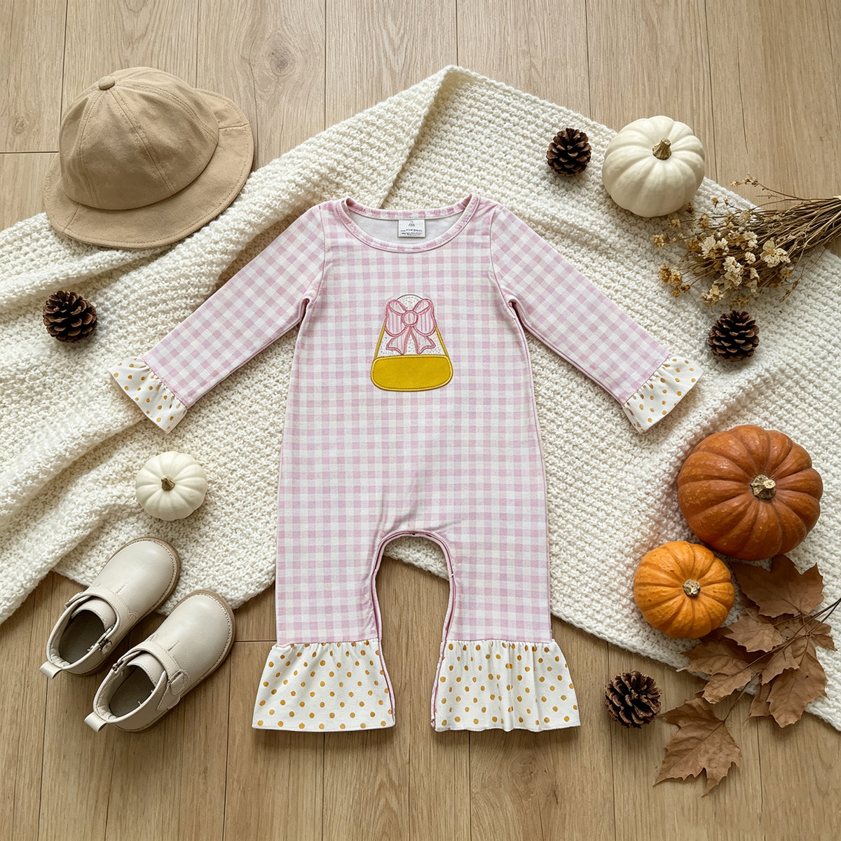 NEW RTS NO MOQ milk silk LR3022 Embroidery Bows Candy Baby Girls Pink Checked Halloween Ruffle Pant Rompers