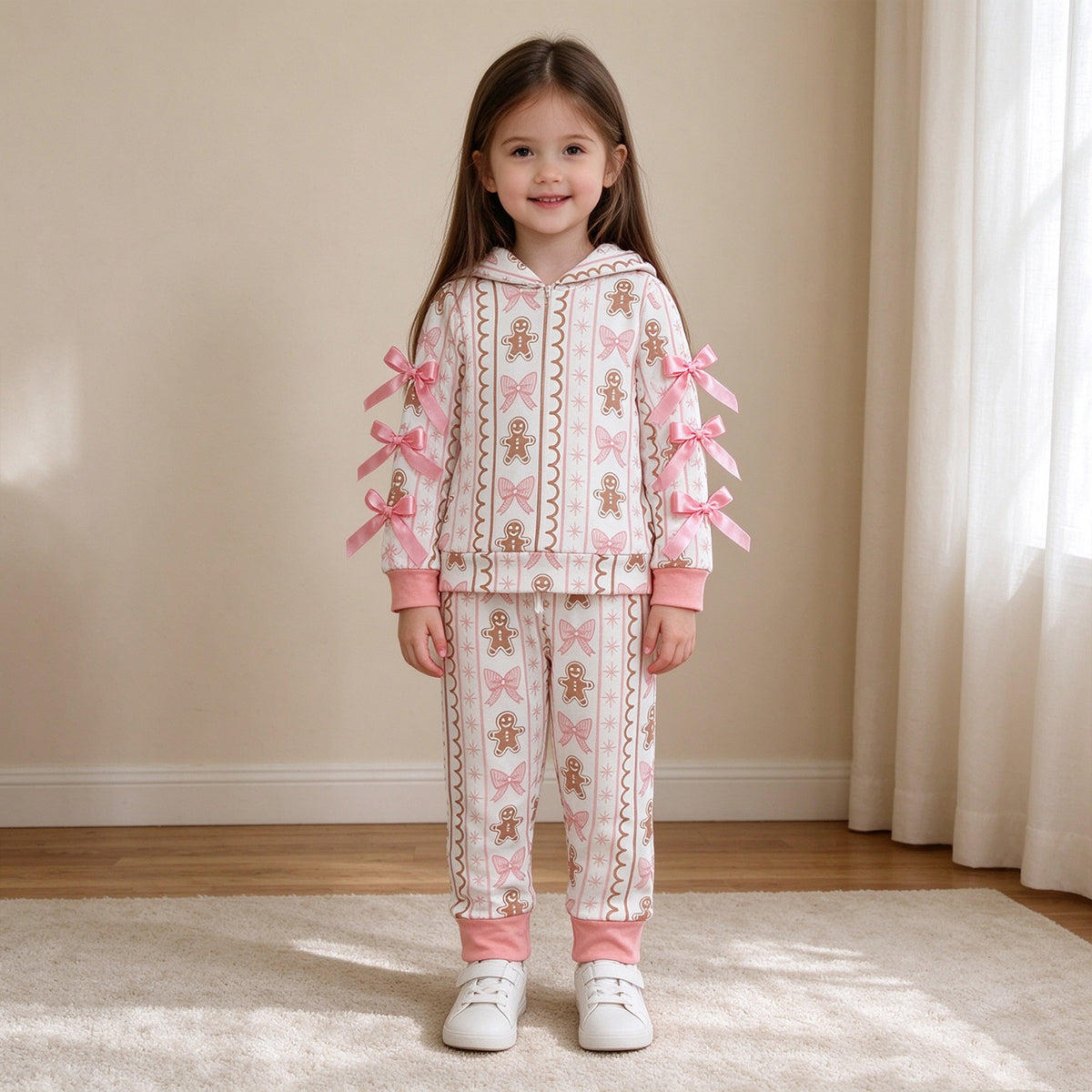 NEW RTS NO MOQ milk silk GLP3614 Baby Girls Bows Gingerbread Hoodie Pockets Jogger Christmas Clothes Set