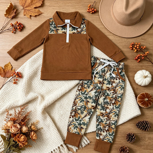 NEW RTS NO MOQ milk silk BLP1447 Baby Boys Long Sleeve Camo Zip Pullover Pockets Jogger Hunting Clothes Sets